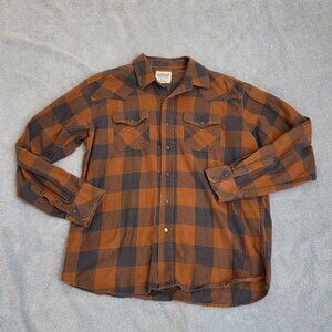 Ariat Retro Fit Western Flannel Shirt Men's Large Cowboy Snap Button Brown Check